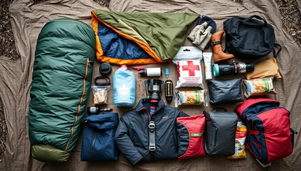 Camping essentials laid out including tent, sleeping bag, and cooking equipment for Deosai trip