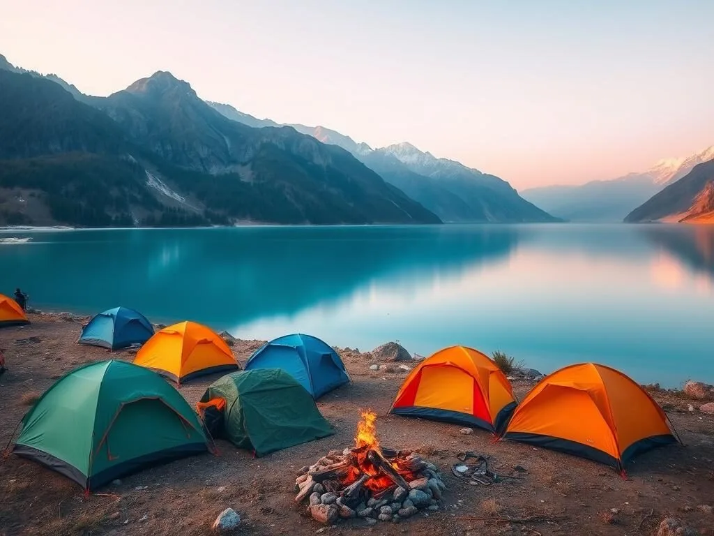 Camping site by Attabad Lake with tents and campfire