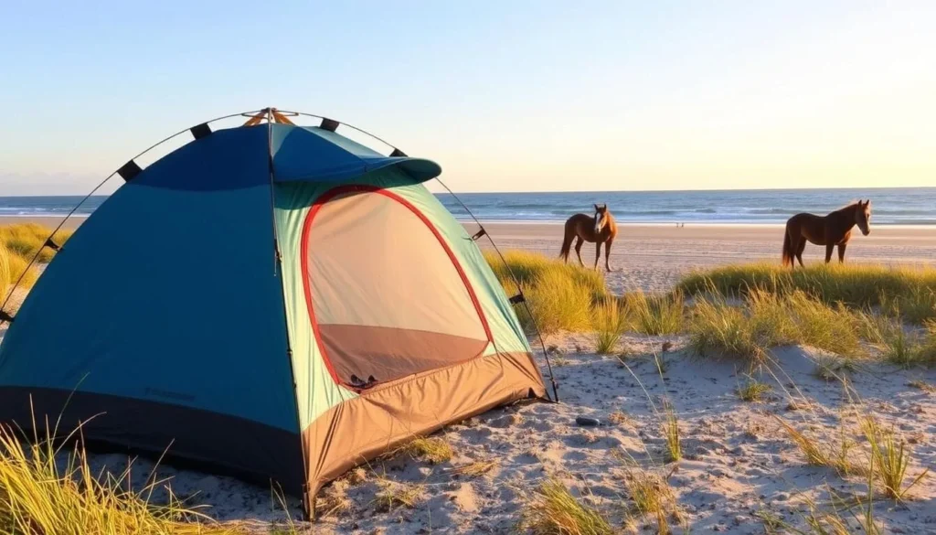 Camping tent on Assateague Island Maryland beach with wild horses nearby