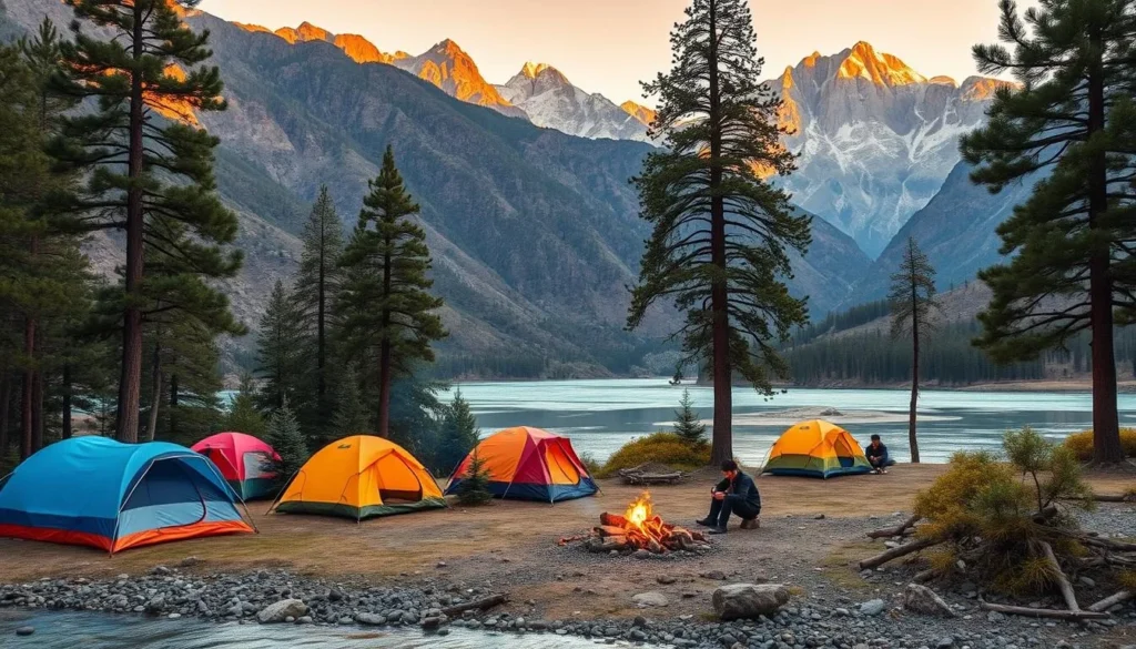 Camping tents set up along the Panjkora River in Kumrat Valley, Pakistan with mountains in the background