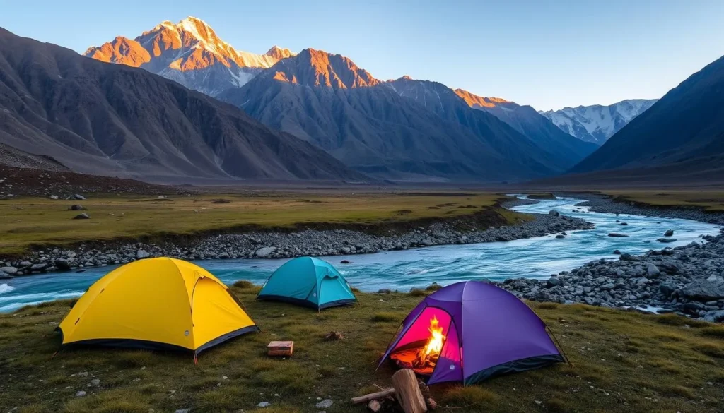 Camping tents set up near Bara Pani in Deosai National Park at sunset