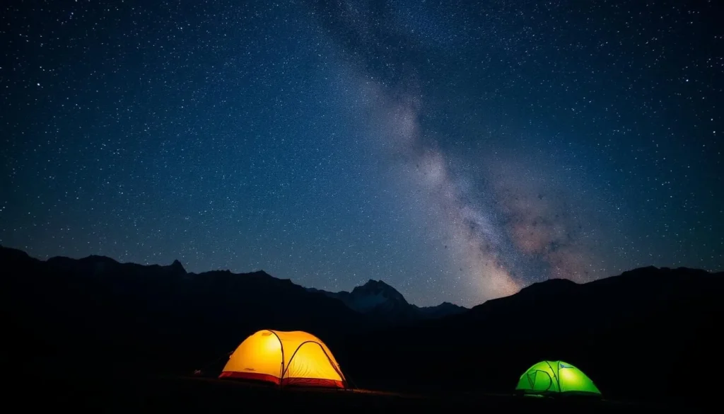 Camping under stars at Shandur Pass with tents illuminated against night sky