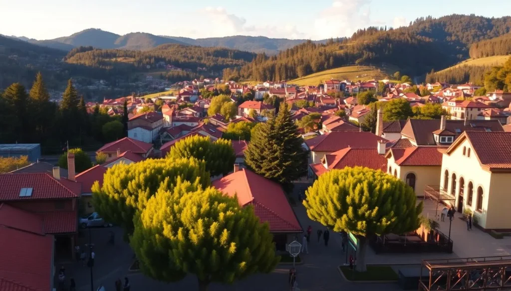 Campos do Jordão, a picturesque alpine town nestled in the Serra da Mantiqueira mountains of Brazil. Capture a scenic vista of the city, with its charming red-roofed buildings and cobblestone streets bathed in warm, golden afternoon light. Showcase the lush, rolling hills and dense pine forests that surround the town, creating a serene and tranquil atmosphere. In the foreground, depict a quaint, tree-lined promenade, bustling with locals and visitors enjoying the pleasant weather. Utilize a wide-angle lens to convey the grandeur of the landscape, while maintaining a sense of intimacy and detail in the urban setting. The overall mood should exude a warm, inviting and picturesque quality, reflecting the charm and beauty of Campos do Jordão. Campos do Jordão, a picturesque alpine town nestled in the Serra da Mantiqueira mountains of Brazil. Capture a scenic vista of the city, with its charming red-roofed buildings and cobblestone streets bathed in warm, golden afternoon light. Showcase the lush, rolling hills and dense pine forests that surround the town, creating a serene and tranquil atmosphere. In the foreground, depict a quaint, tree-lined promenade, bustling with locals and visitors enjoying the pleasant weather. Utilize a wide-angle lens to convey the grandeur of the landscape, while maintaining a sense of intimacy and detail in the urban setting. The overall mood should exude a warm, inviting and picturesque quality, reflecting the charm and beauty of Campos do Jordão.