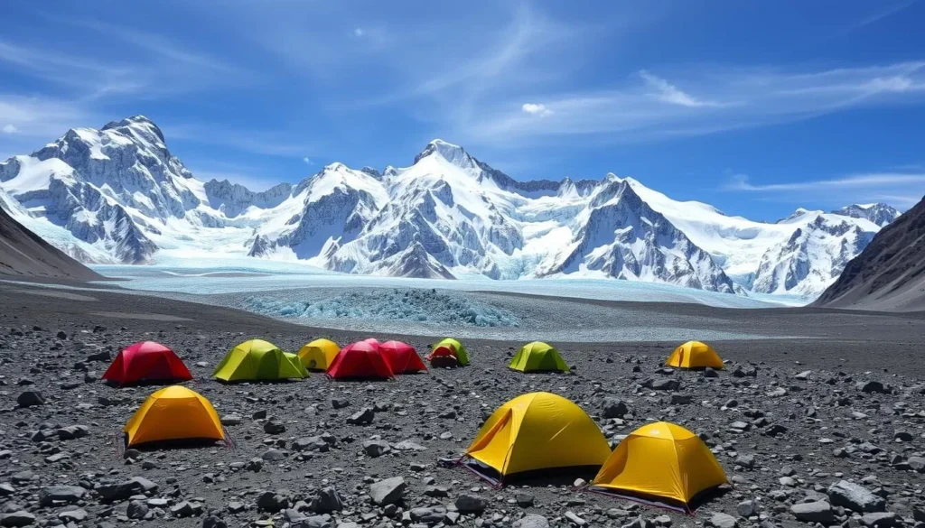 Campsite at Concordia with tents set up on the glacier and mountains in background