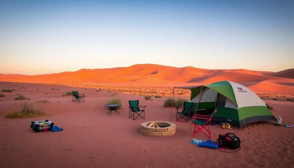 Campsite at Coral Pink Sand Dunes State Park, Utah with tents and pink dunes in background Campsite at Coral Pink Sand Dunes State Park, Utah with tents and pink dunes in background