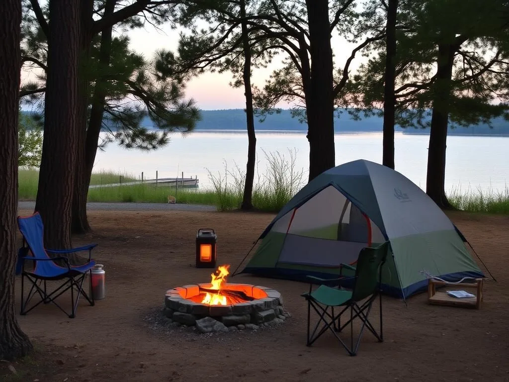 Campsite at Reelfoot Lake State Park with tent and campfire