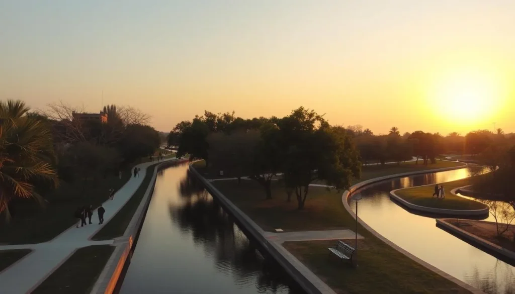 Canal Park in Faisalabad at sunset with people walking along the tree-lined paths