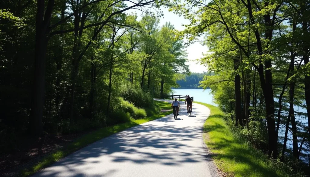 Cape Cod Rail Trail with cyclists enjoying the paved path through scenic woodland areas, a popular Cape Cod, Massachusetts things to do activity Cape Cod Rail Trail with cyclists enjoying the paved path through scenic woodland areas, a popular Cape Cod, Massachusetts things to do activity