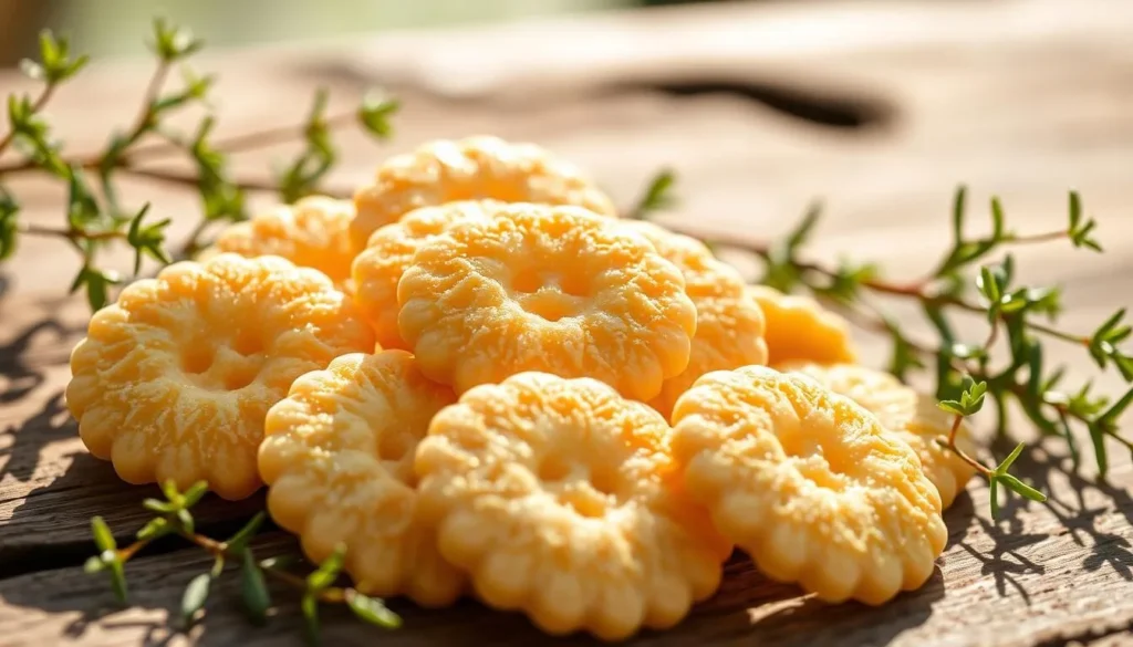 Carlsbad wafers, crisp and delicate, glistening under the warm afternoon sun. Arrange them in a natural composition, resting on a rustic wooden surface, surrounded by a few sprigs of fresh greenery. Capture the inviting textures and mouthwatering details, illuminated by soft, diffused lighting that casts gentle shadows. Convey the irresistible allure of these traditional Czech confections, ready to be savored as a delightful local delicacy.