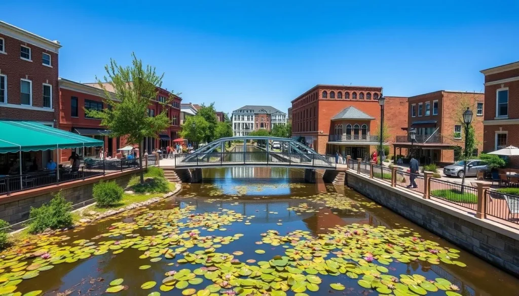 Carroll Creek Linear Park in downtown Frederick Maryland with colorful water lilies and pedestrian bridges