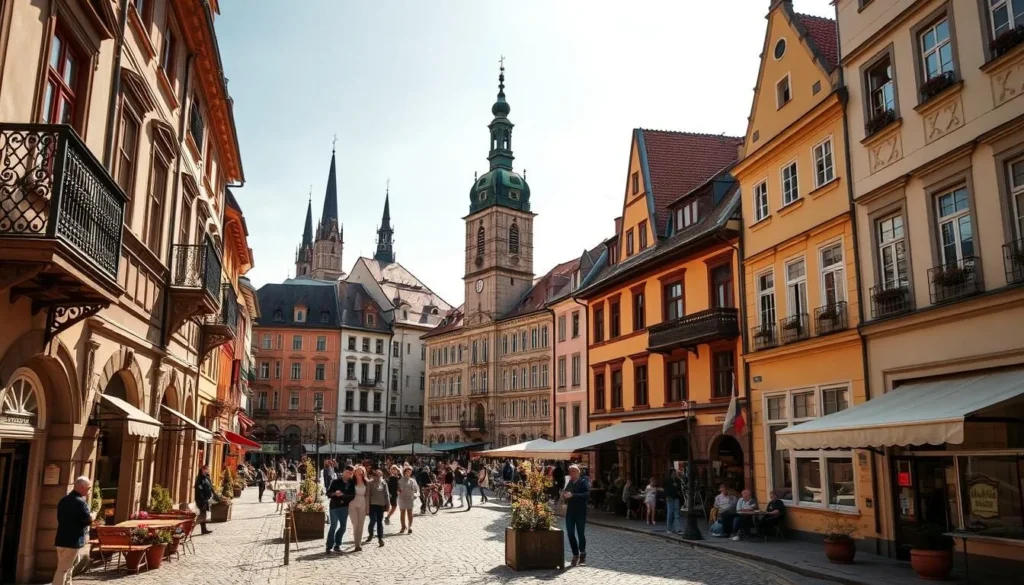 Caslav's picturesque town square, bathed in warm afternoon sunlight, a timeless scene of architectural grandeur. In the foreground, cobblestone streets wind past historical buildings adorned with ornate facades and charming balconies. Bustling with locals and visitors, the square is dotted with quaint cafes and shops, their colorful awnings and potted plants adding a vibrant touch. In the middle ground, the stately Town Hall stands tall, its clock tower overlooking the lively activity below. In the background, the spires of ancient churches pierce the clear sky, lending an air of tranquility and timelessness to the scene. Capture the essence of Caslav's rich heritage and the inviting atmosphere of its central plaza.