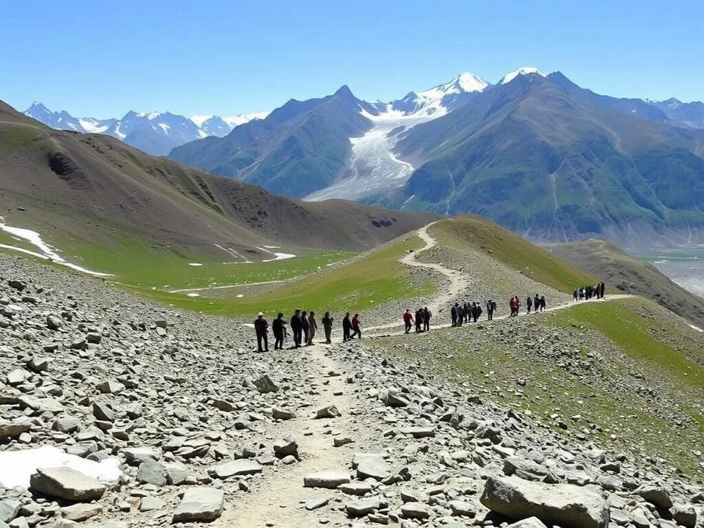 Chandanwari with snow-covered landscape and pilgrims starting their journey to Amarnath Cave