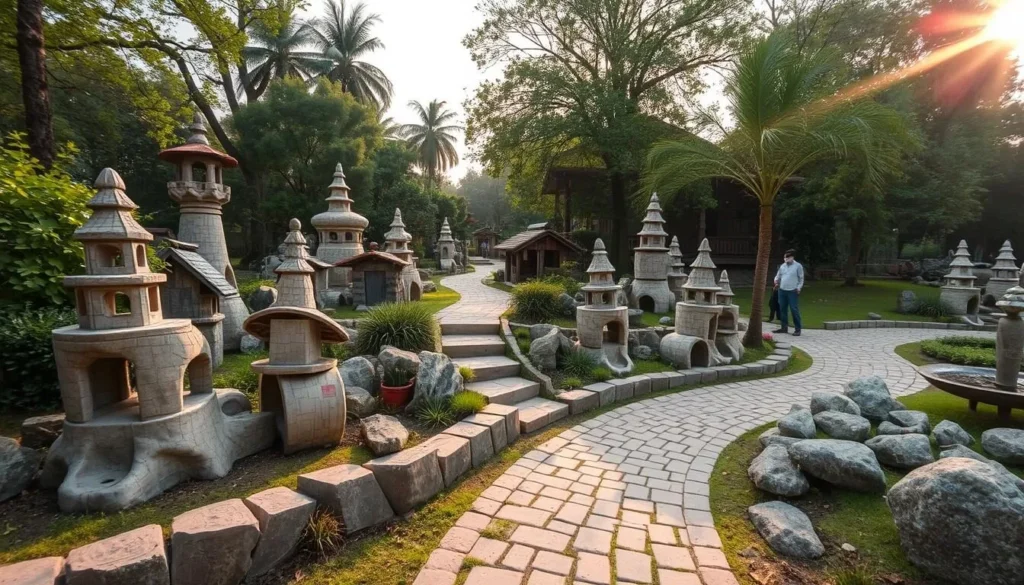 Chandigarh Rock Garden on a picturesque spring day, with the sun's warm rays casting a soft glow over the intricate structures made of recycled materials. Intriguing sculptures and manicured pathways leading visitors through this whimsical outdoor oasis, nestled amidst lush greenery and towering trees. Capture the serene atmosphere, with gentle breezes rustling the foliage and the sound of cascading water features echoing throughout the tranquil scene. Utilize a wide-angle lens to showcase the expansive layout and unique architectural elements that make this a must-visit destination in Chandigarh.