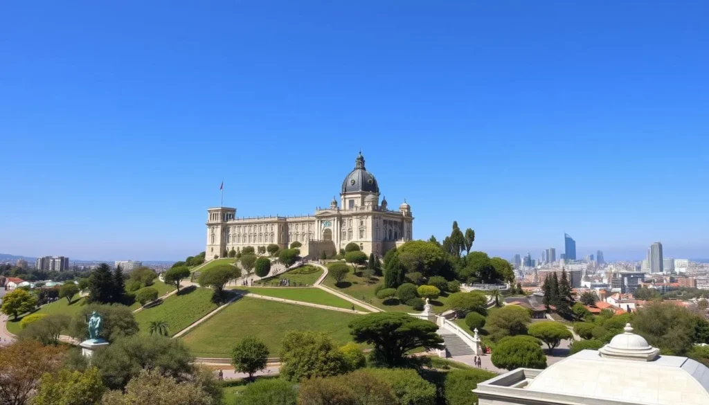 Chapultepec Castle on a hilltop with its beautiful architecture and gardens visible on a sunny day