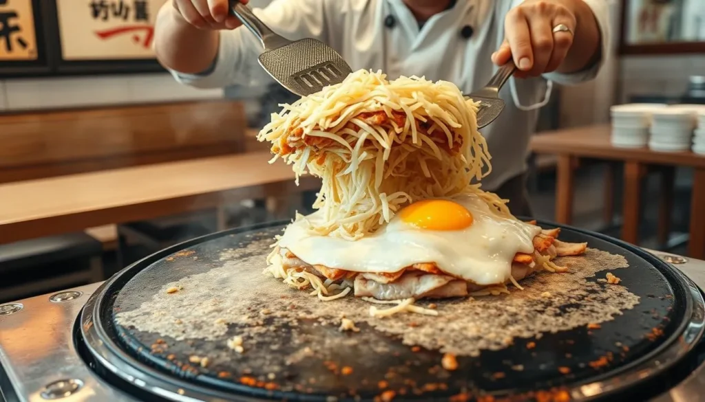 Chef preparing Hiroshima-style okonomiyaki with layers of ingredients including noodles and cabbage Chef preparing Hiroshima-style okonomiyaki with layers of ingredients including noodles and cabbage