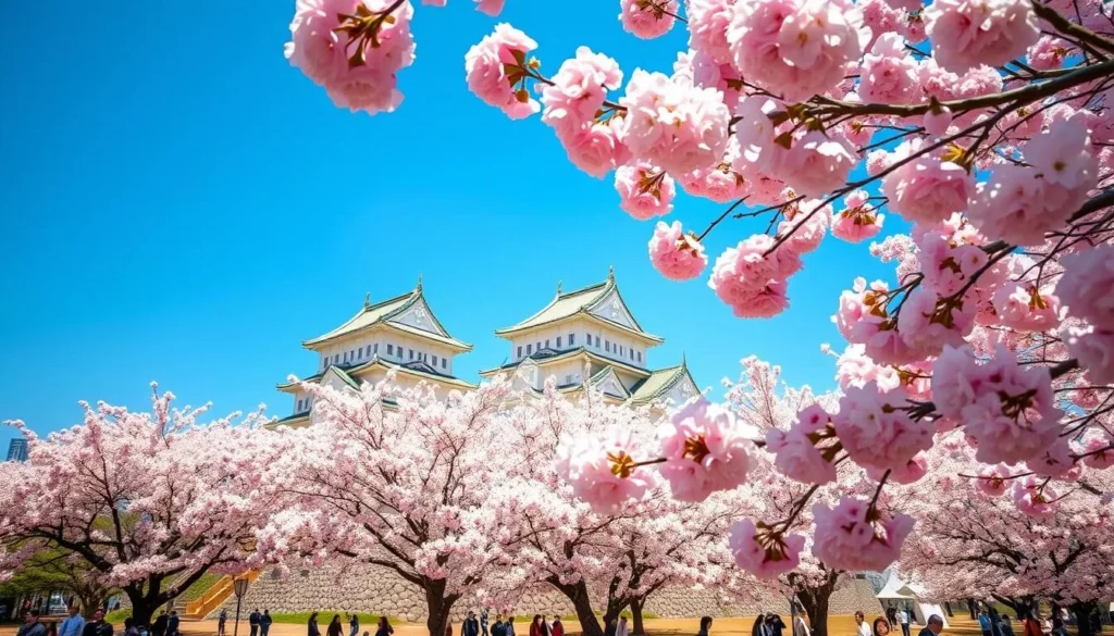 Cherry blossom season in Osaka with pink sakura trees framing Osaka Castle