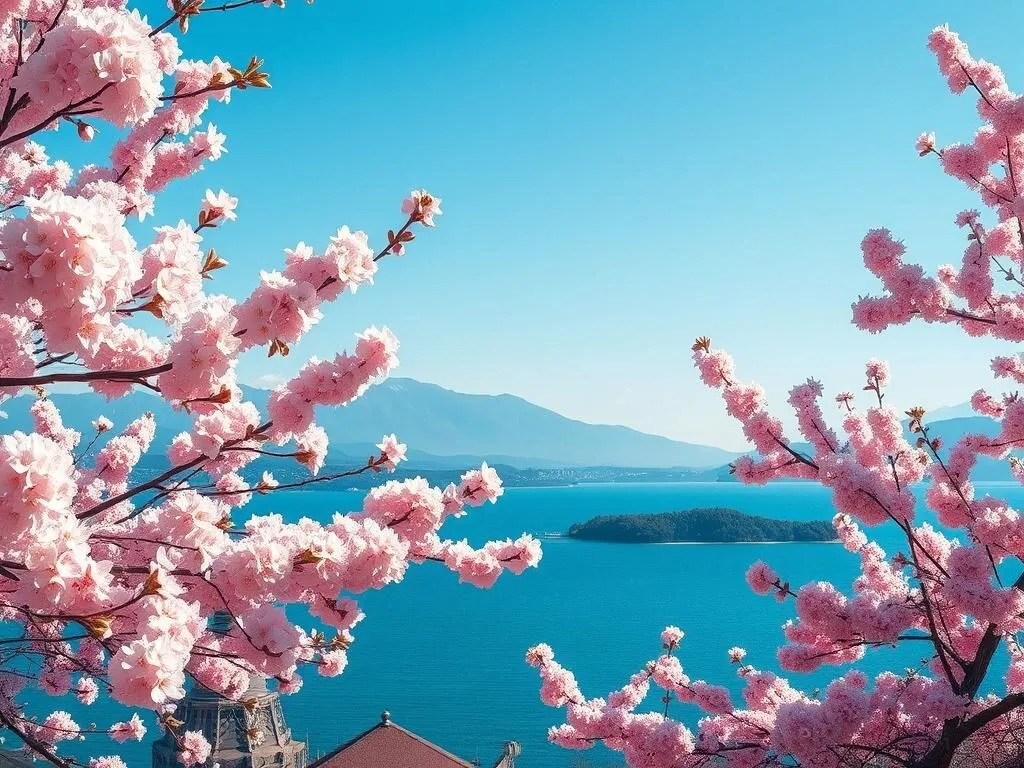 Cherry blossoms along Lake Biwa shoreline in spring, Otsu City, Japan