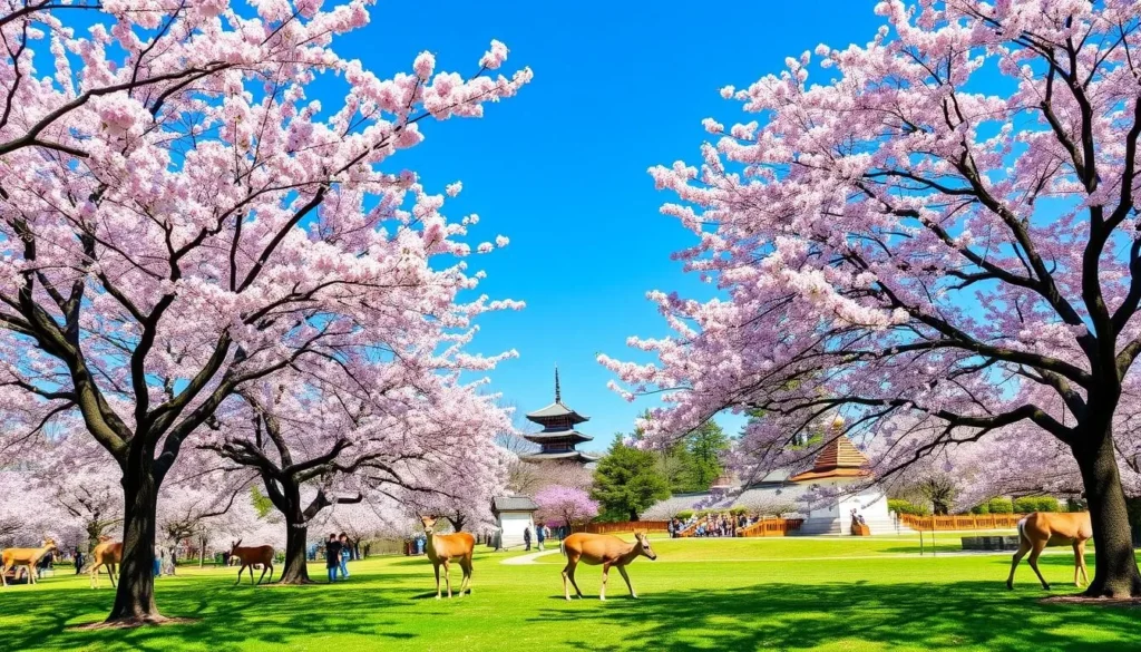 Cherry blossoms in Nara Park with deer and pagoda in spring Cherry blossoms in Nara Park with deer and pagoda in spring