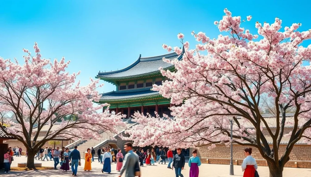 Cherry blossoms in full bloom at Gyeongbokgung Palace, one of Seoul's best things to do in spring