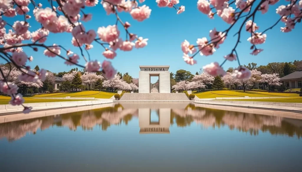 Cherry blossoms in full bloom at Hiroshima Peace Memorial Park in spring Cherry blossoms in full bloom at Hiroshima Peace Memorial Park in spring