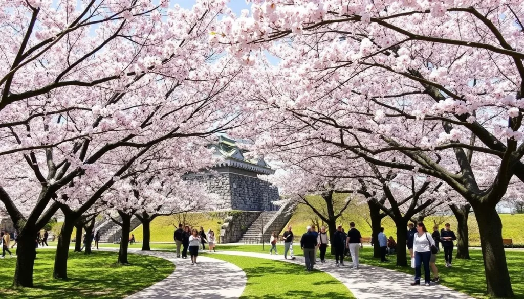 Cherry blossoms in full bloom at Maizuru Park in Fukuoka with historic castle ruins in background