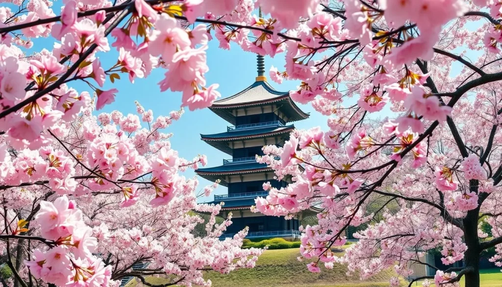 Cherry blossoms in full bloom at Sankeien Garden in Yokohama Japan with the historic three-story pagoda visible among pink flowers