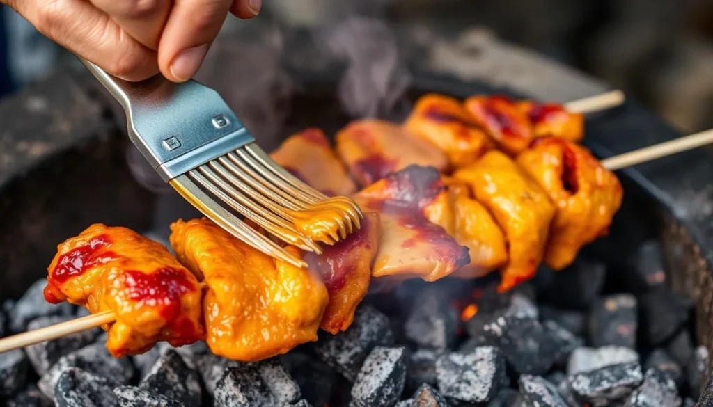 Chicken inasal being grilled over hot coals with marinade being brushed on