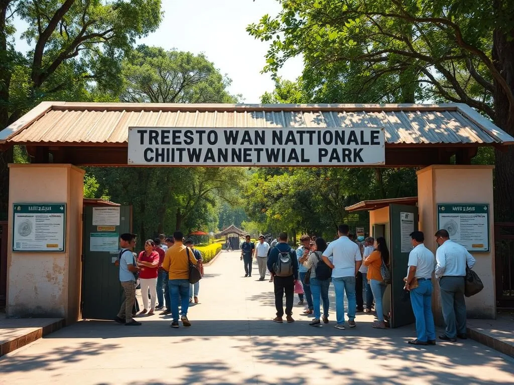 Chitwan National Park entrance gate with visitors purchasing permits