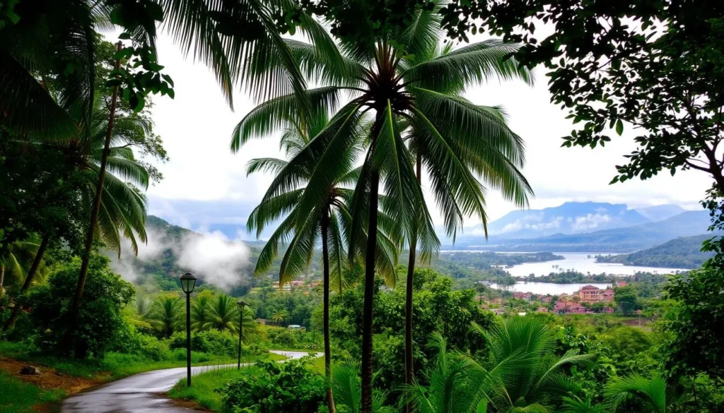 Choroni during the rainy season, a lush tropical landscape comes alive. In the foreground, a winding path leads through a vibrant green forest, mist gently rising. Towering palm trees sway gently in the soft breeze, their fronds catching the dappled sunlight filtering through the canopy. In the middle ground, a scenic vista opens up, revealing a picturesque village nestled between verdant hills and a tranquil river. The warm, golden hues of the buildings contrast with the deep greens of the surrounding foliage. Distant mountains rise majestically, their peaks shrouded in wispy clouds. The overall mood is one of lush, serene beauty, capturing the essence of Choroni during the rainy season.