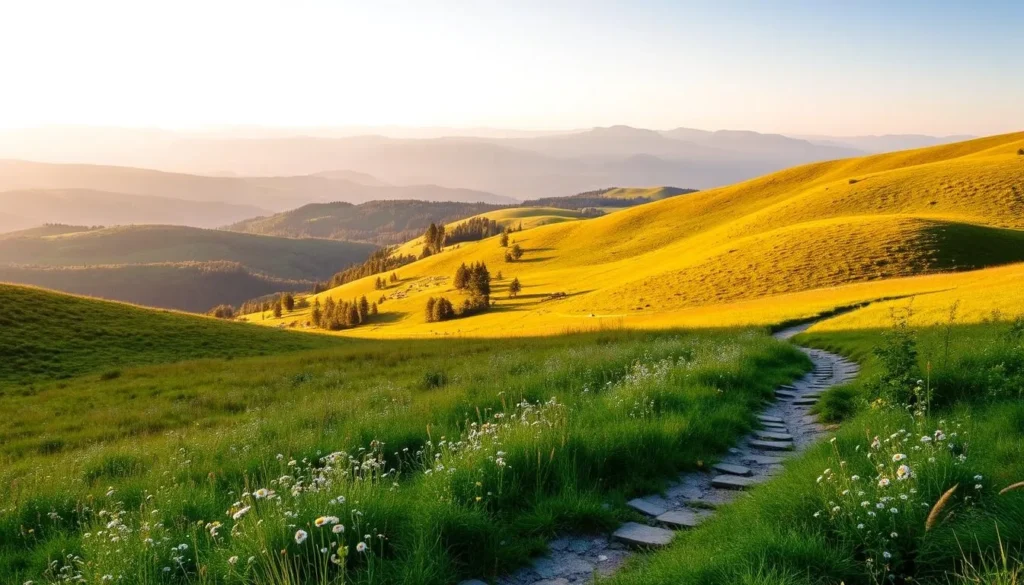 Chriby Hills, a picturesque landscape in Czechia, with rolling hills, lush meadows, and breathtaking vistas. In the foreground, a winding path leads through a field of wildflowers, inviting visitors to explore. The middle ground showcases the gentle slopes of the Chriby Hills, their slopes dotted with patches of vibrant greenery. In the background, the horizon is dominated by a range of majestic mountains, their peaks capped with a soft haze, creating a serene and tranquil atmosphere. The warm, golden light of the sun bathes the scene, casting a welcoming glow and accentuating the natural beauty of the location. This image captures the essence of the Chriby Hills, perfectly encapsulating the beauty and tranquility that awaits visitors to this picturesque region.