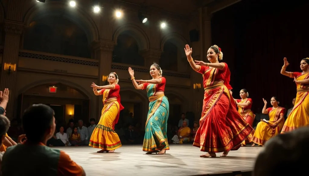 Classical dance performance at Rabindra Sadan cultural center in Kolkata with dancers in traditional Bengali costumes Classical dance performance at Rabindra Sadan cultural center in Kolkata with dancers in traditional Bengali costumes