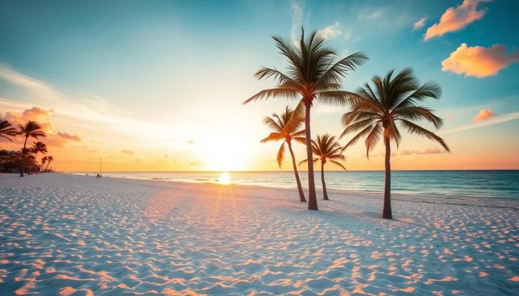 Clearwater Beach at sunset with white sand and palm trees in Florida Clearwater Beach at sunset with white sand and palm trees in Florida