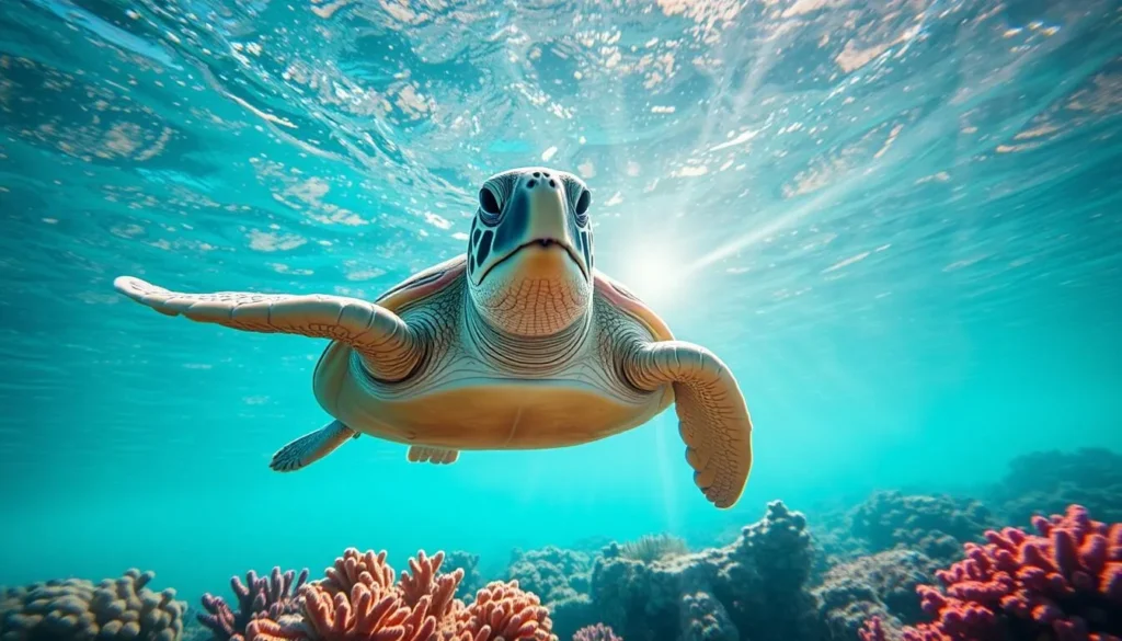 Close-up of a green sea turtle swimming over colorful coral in Apo Island Marine Sanctuary Close-up of a green sea turtle swimming over colorful coral in Apo Island Marine Sanctuary