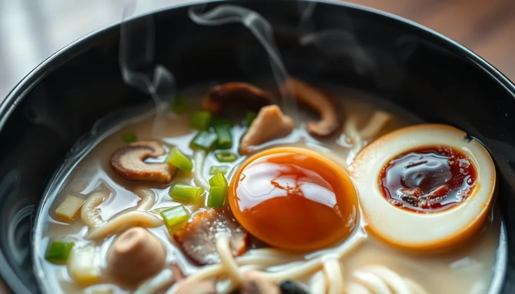Close-up of authentic Hakata tonkotsu ramen with thin noodles, chashu pork, and rich milky broth