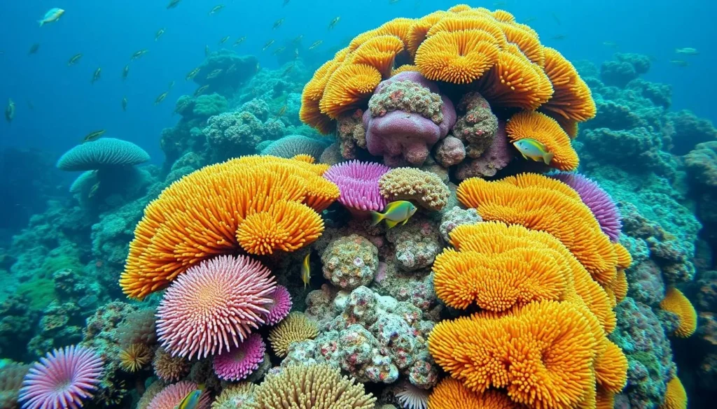 Close-up of colorful coral formations and tropical fish at Pescador Island reef