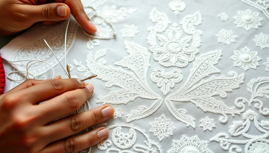 Close-up of intricate Chikankari embroidery work being done by skilled artisans in Lucknow