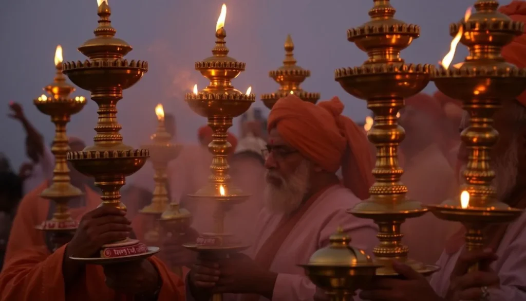 Close-up of priests performing the Ganga Aarti ceremony with elaborate brass lamps and offerings at Dashashwamedh Ghat