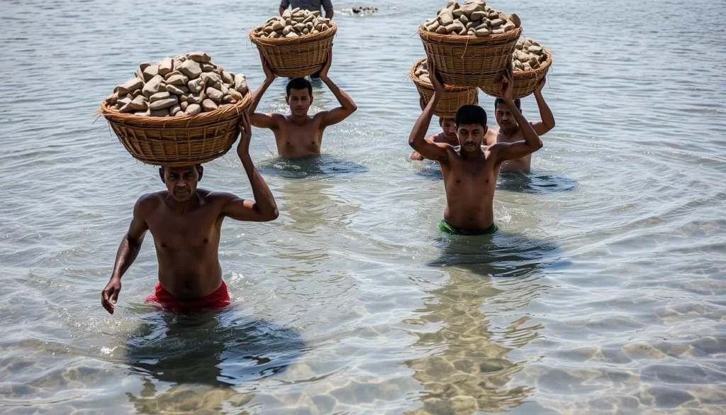 Close-up of stone collection activities with workers carrying stones on their heads Close-up of stone collection activities with workers carrying stones on their heads