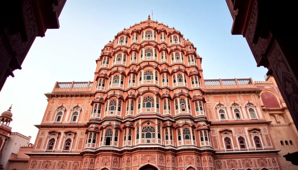 Close-up view of Hawa Mahal's intricate honeycomb facade with its 953 small windows in pink sandstone