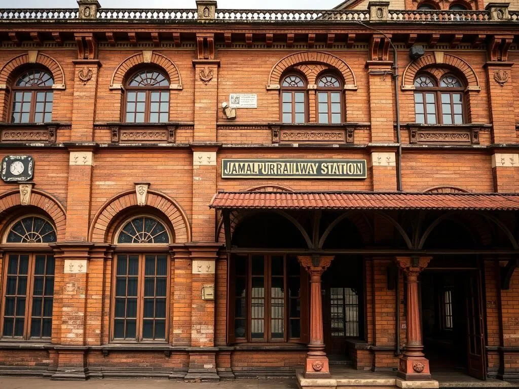 Close-up view of Jamalpur Railway Station's colonial architecture and design details