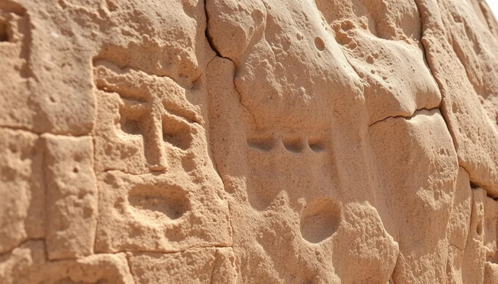 Close-up view of petroglyphs at Big Spring National Park showing the three-indentation face patterns