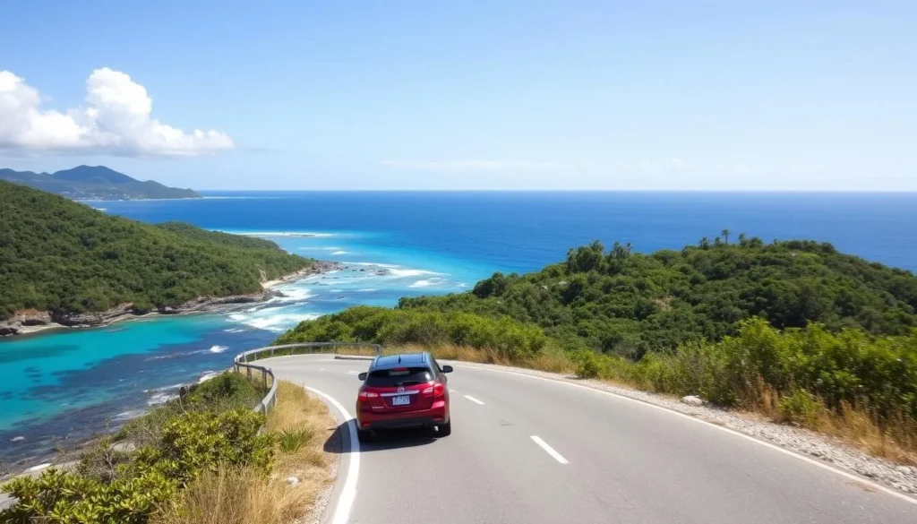 Coastal road on Ishigaki Island with rental car driving along turquoise ocean views Coastal road on Ishigaki Island with rental car driving along turquoise ocean views