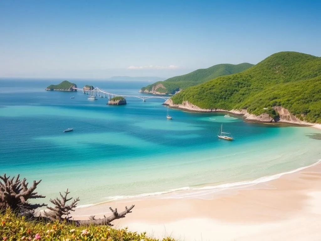Coastal scenery of the Amakusa Islands showing beautiful beaches, clear blue water, and the famous five-arch Amakusa Pearl Line Bridge Coastal scenery of the Amakusa Islands showing beautiful beaches, clear blue water, and the famous five-arch Amakusa Pearl Line Bridge