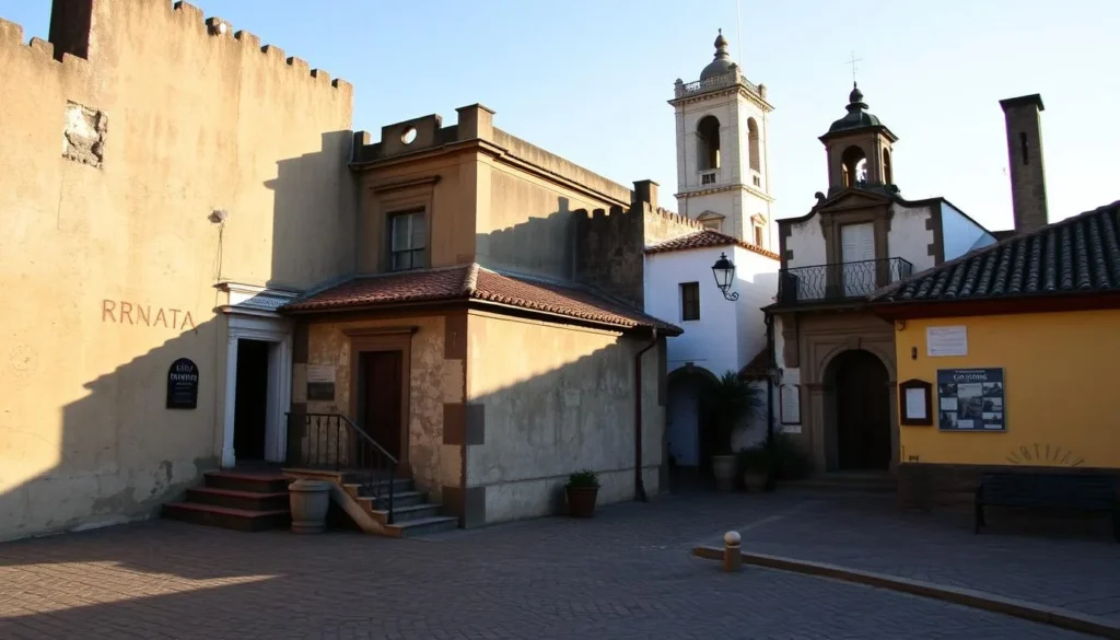 Colonia del Sacramento Museums, a picturesque gathering of historical structures nestled along the Río de la Plata. Capture the serene atmosphere as sunlight dances across the weathered walls, illuminating the captivating architecture. Showcase the intriguing blend of Portuguese and Spanish colonial styles, from the robust fortifications to the quaint cobblestone streets. Depict the vibrant museum displays, inviting visitors to explore the rich cultural heritage of this UNESCO World Heritage site. Utilize a soft, golden-hour lighting to convey the warmth and tranquility of this remarkable destination, drawing the viewer into the captivating world of Colonia del Sacramento's museums.