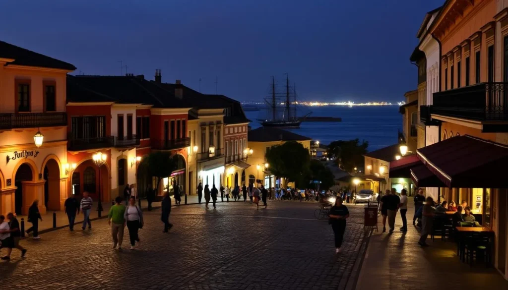 Colonia del Sacramento, a historic riverside town in Uruguay, illuminated by the warm glow of streetlamps and the dancing reflections of the Río de la Plata. Cobblestone streets wind through colonial-era buildings, their facades adorned with intricate balconies and archways. In the foreground, people stroll leisurely, admiring the quaint charm of the town as it comes alive at night. The middle ground features lively cafes and bars, their patrons spilling out onto the sidewalks, enjoying the lively atmosphere and local nightlife. In the background, the silhouettes of tall ships moored in the harbor create a picturesque maritime scene, hinting at Colonia's history as a strategic port town.