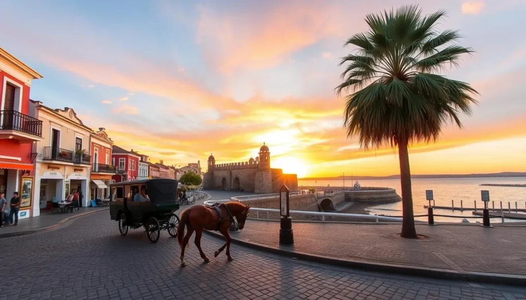 Colonia del Sacramento, a picturesque UNESCO World Heritage site on the banks of the Río de la Plata. Capture the historic charm of its cobblestone streets, lined with colorful colonial buildings and quaint shops. In the foreground, a horse-drawn carriage clips along, transporting visitors back in time. The middle ground showcases the iconic Bastion del Carmen, its stone walls and watchtowers standing tall. In the background, a stunning sunset casts a warm glow over the Río de la Plata, the tranquil waters reflecting the vibrant hues of the sky. Utilize a wide-angle lens to encompass the breadth of this picturesque scene, conveying a sense of calm, wonder, and timeless beauty.