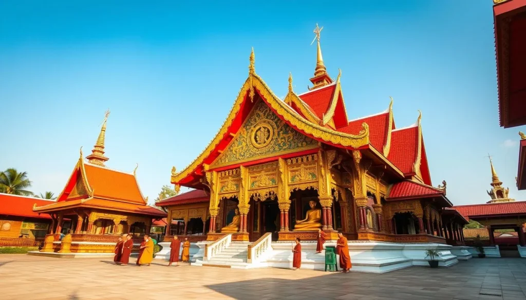 Colorful Buddhist monastery in Ramu near Cox's Bazar with ornate architecture and golden Buddha statues