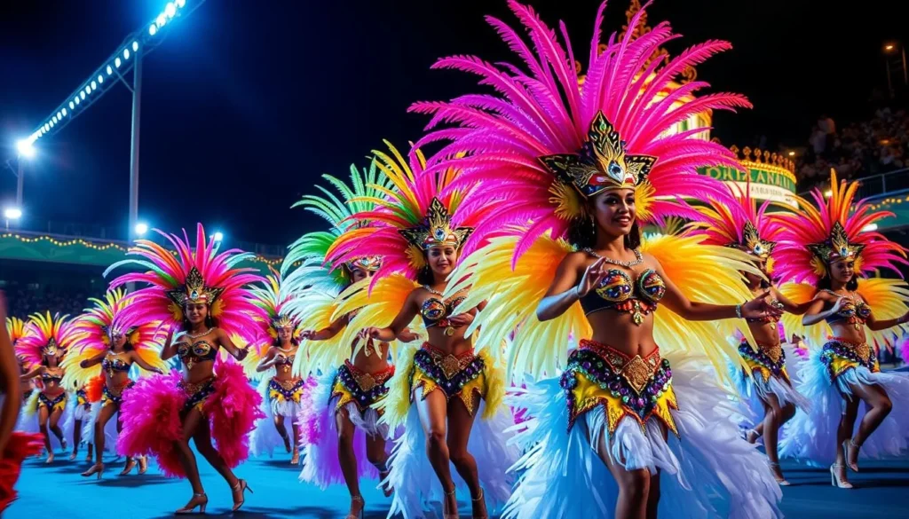 Colorful Carnival parade in Rio de Janeiro with samba dancers in elaborate costumes