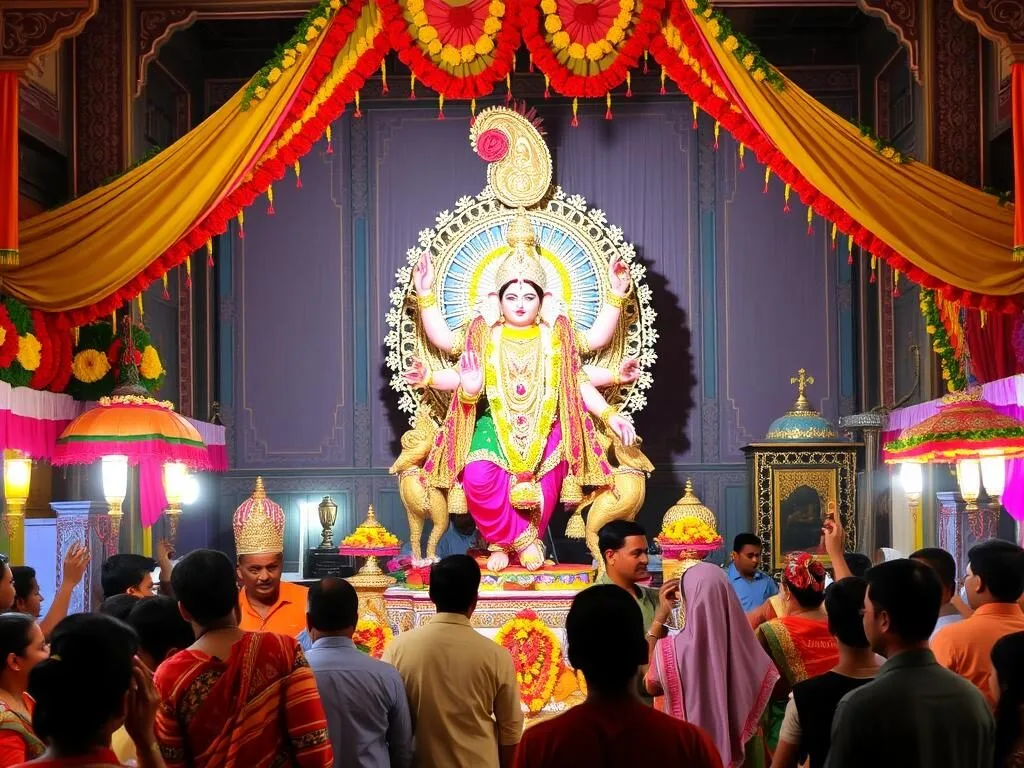 Colorful Durga Puja celebrations at a temple in Jamalpur