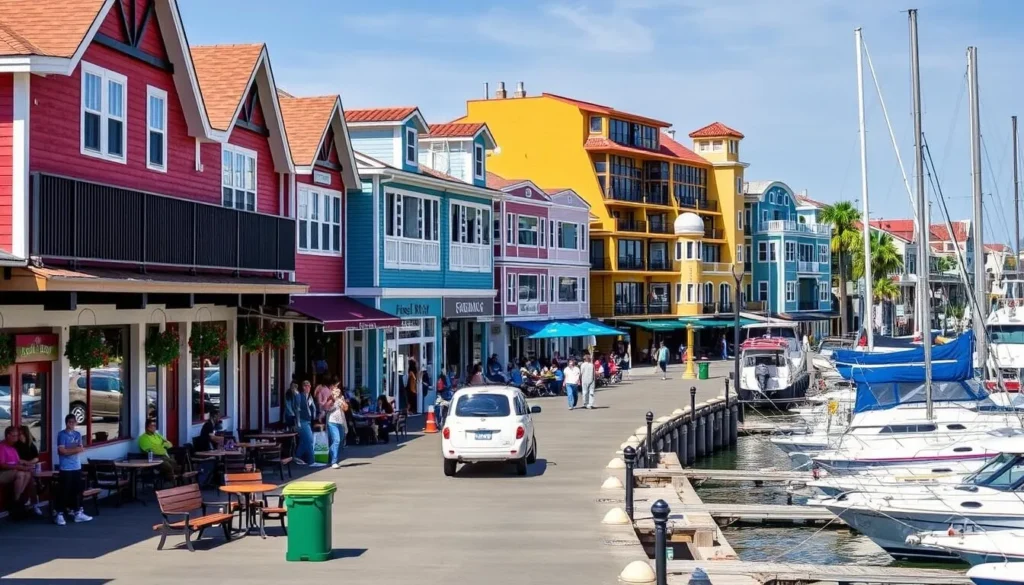 Colorful Fisherman's Village in Marina del Rey with shops, restaurants and harbor views, showcasing best things to do in Marina del Rey, California